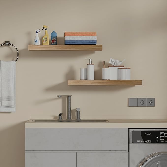IAE Floating Wall Shelves 16 inch,Bathroom Shelf Wall Mounted,Invisible Shelf Floating Kitchen Shelves,Wooden Wall Shelving with Brackets for Living Room Wall Mounted,Easy Install,Set of 2,Natural