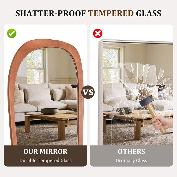 HOMECOOKIN 60" H x 22" W Asymmetrical Mirror Full Length, Irregular Wooden Wall Mirror for Bedroom, Living Room,Entryway– Boho Mid-Century Modern Decorative Mirror, Solid Wood Frame(Walnut)