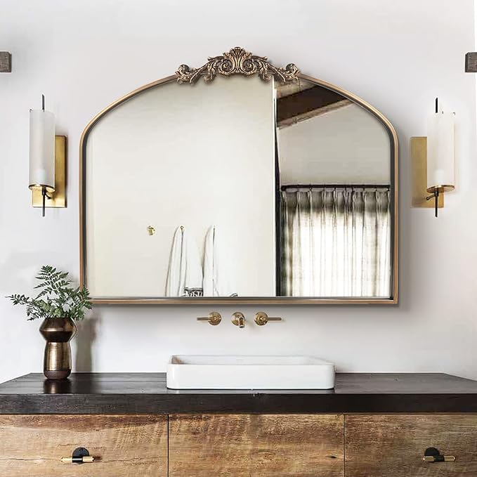 Gold Arched Mirror,Baroque Brass Fireplace Mirror Decor, Victorian Vintage Mirrors with Full Matel Frame,Ornate Mirrors for Entryway/Bathroom/Living Room/Hallway 36"X30"