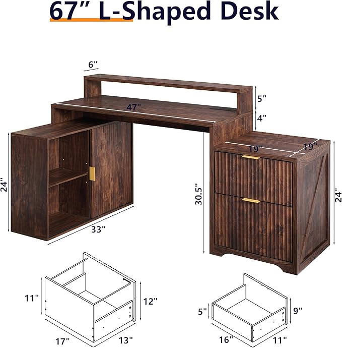JXQTLINGMU 67" Modern L Shaped Desk with Storage Cabinet & Drawers, Wood Home Office Desk with Power Outlets, Fluted Computer Writing Desk, Dark Walnut