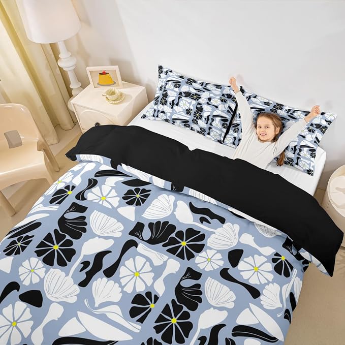 Erosebridal Mid Century Boho Comforter Cover Queen Cute Blue White Floral Plant Patchwork Bedding Set Modern Abstract Geometric Duvet Cover for Kids Adults,Vintage Aesthetic Bed Set