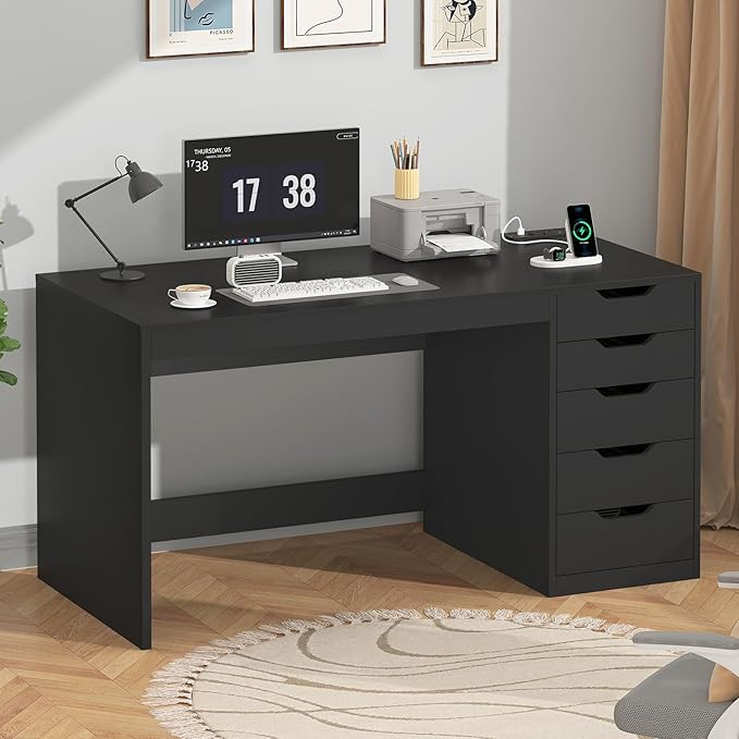 YOMILUVE 47 Inch Computer Desk with 5 Drawers and Power Outlets, Home Office Desks with Storage File Cabinet, Modern Simple Laptop Desk Writing Table for Small Spaces, Black