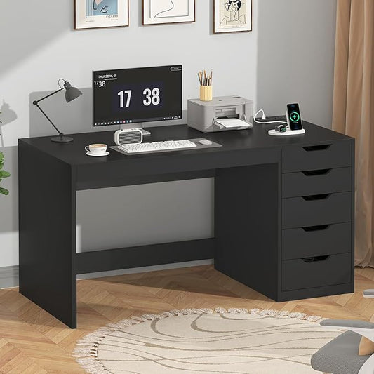 YOMILUVE 47 Inch Computer Desk with 5 Drawers and Power Outlets, Home Office Desks with Storage File Cabinet, Modern Simple Laptop Desk Writing Table for Small Spaces, Black