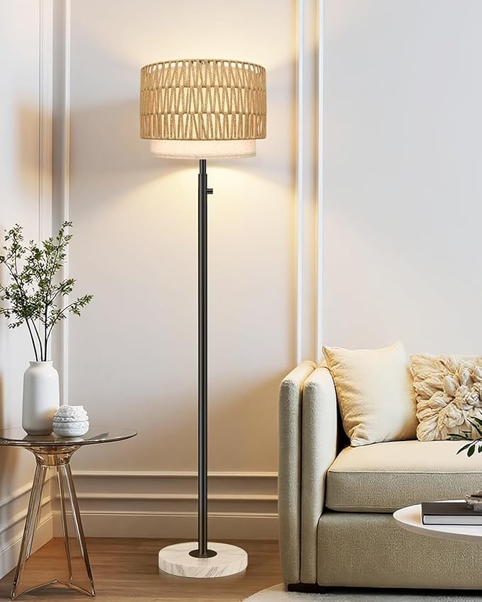 Rattan Floor Lamp,Floor Lamp for Bedroom,Modern Standing Lamp with Marble Base,Dimmable Standing Lamp for Bedroom, Reading,Office & Kids' Room,LED Bulb Included