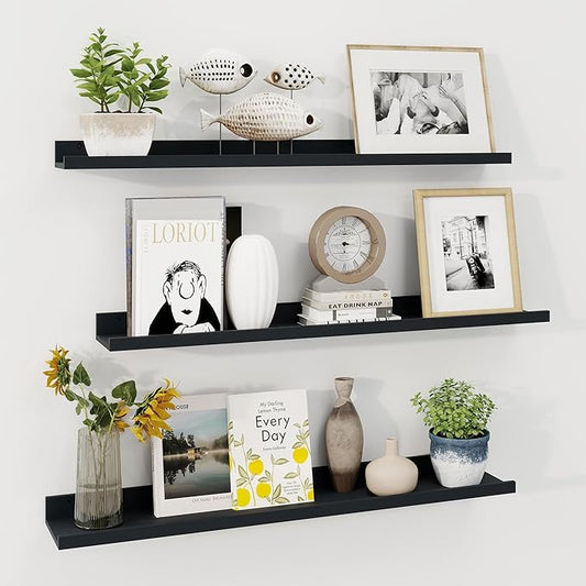 Axeman 36 Inch Floating Shelves | Black Picture Ledge Shelf Set of 3 | Rustic Wood Wall Shelves with Lip | 36" Black Picture Shelf for Wall with Ledge | Photo Shelves