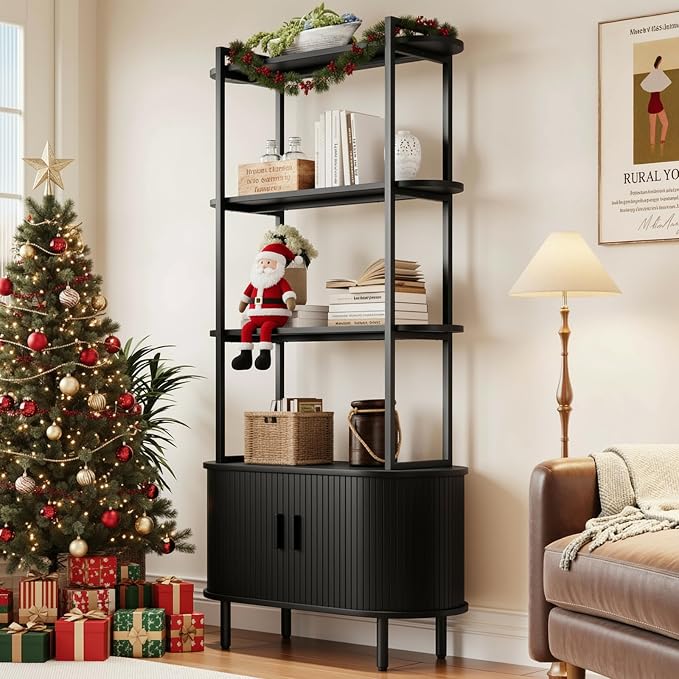 4 Tier Tall Bookshelf with Cabinet, Fluted Bookcase with Sliding Door, Metal and Wood Display Shelf, Free Standing Storage Shelving Unit, Corner Storage Organizer for Living Room, Home Office, Black