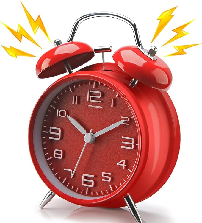 Peakeep 4.5 Inches Twin Bell Loud Alarm Clock for Heavy Sleerpers, Backlight, Battery Operated Old Fashioned Alarm Clock for Bedrooms (3D-Dial, Red)