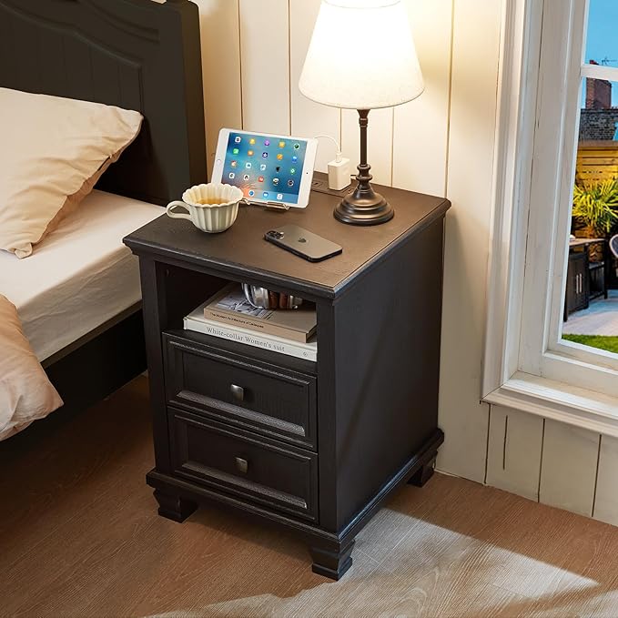 Farmhouse Nightstand Set of 2 with Charging Station, Rustic Black Nightstand with Drawers, Bedside Table with Open Shelf for Bedroom, Black