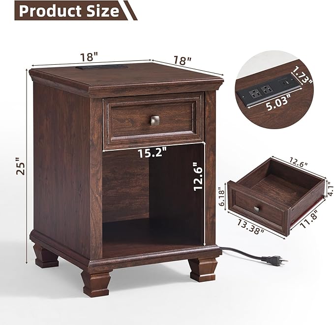 Farmhouse End Tables Living Room with Drawer, Rustic Wood Nightstand with Charging Station, Brown Bedside Table with Open Shelf for Bed Room, Living Room, Walnut