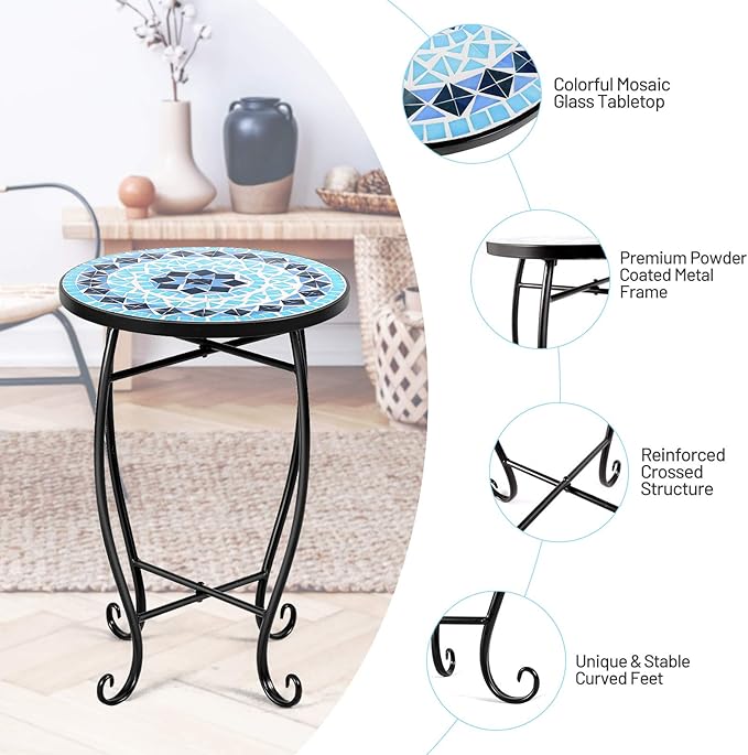 Giantex Outdoor Side Table, Mosaic Patio Table, 14inch Accent Table Plant Stand Indoor, Ceramic Tile Top Metal Frame, Small End Table Porch Beach Patio Garden Balcony Poolside