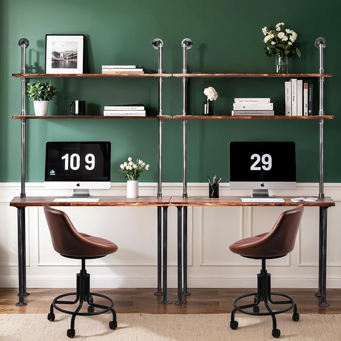 LOKKHAN 79-inch Industrial Laptop Desk Solid Wood Computer Desk Wall Pipe Desk with Shelves Computer Table for Home Office (L:47.3-inch)