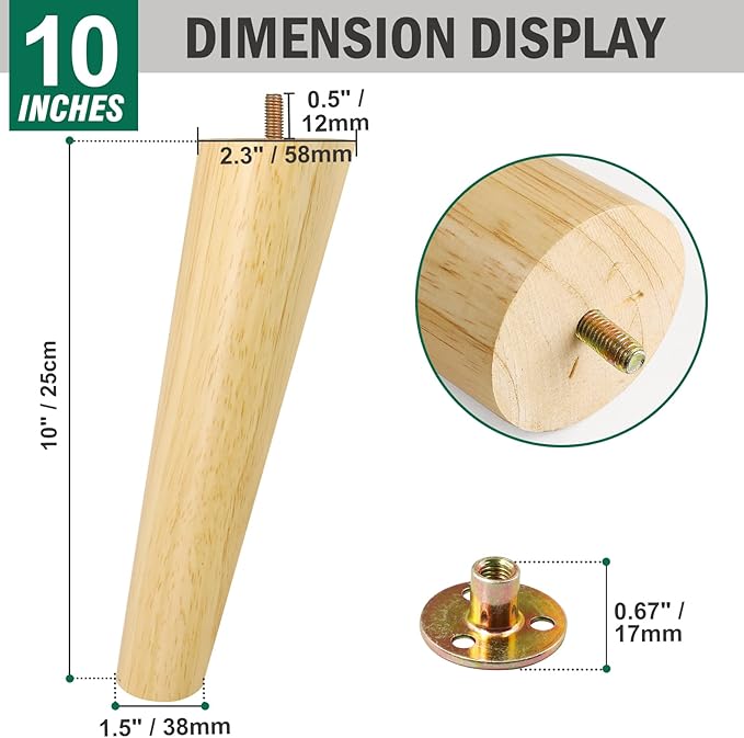 FoDau770 Rubber Wood Furniture Legs 10 Inches, Slant Tapered Wood Feet Mid Century Sofa Legs Set of 4, 5/16" UNC Furniture Feet Replacement Parts for Cabinet Couch Dresser Chair Ottoman Table