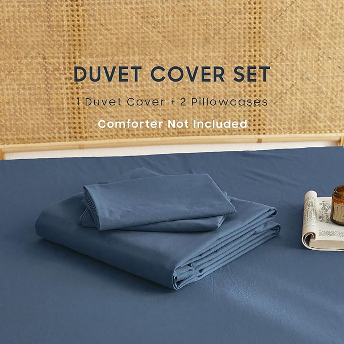 Wake In Cloud - Cotton Duvet Cover Set, 100% Washed Cotton, Linen Like Textured, Breathable Durable Comfy Farmhouse Neutral Bedding Set, 3 Pieces, Navy Blue, Full Size