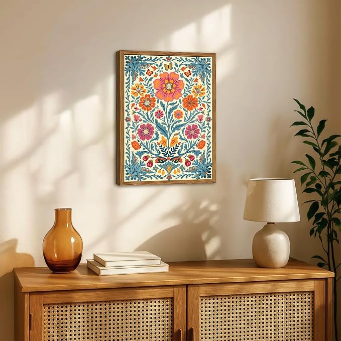 Framed Vintage Mexican Floral Canvas Wall Art, Colorful Folk Flower Wall Decor Pictures, Boho Botanical Painting Prints Rustic Home Decor for Living Room Bedroom 12x16 inch