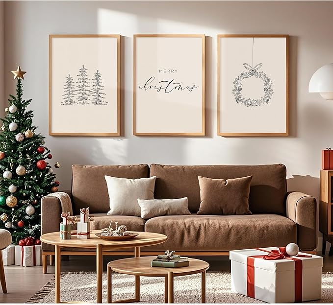 Baccone Christmas Wall Art Winter Xmas Canvas Decor Merry Christmas Wall Art Minimalist Vintage Painting Beige Farmhouse Prints Holiday Poster for Bathroom 12x16x3 Inch Unframed