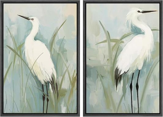 MUDECOR Framed Canvas Print Wall Art White Heron Pair in Marsh Coastal Illustrations Modern Art Decorative Bohemian Colorful for Living Room, Bedroom, Office - 16"x24"x2 Black