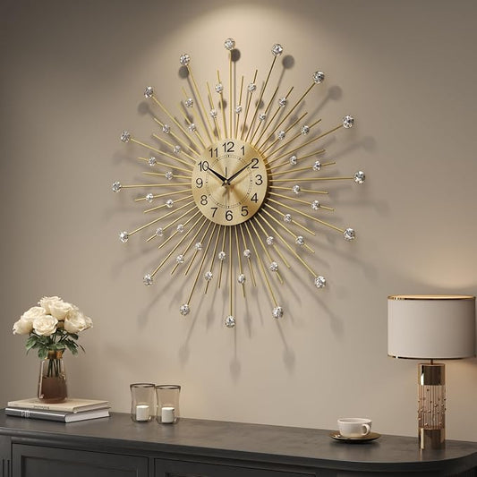 Cuspin 24 Inch Gold Wall Clock, Decorative Crystal Sunburst Mid Century Modern Clocks for Living Room Decor, Luxury Battery Operated Metal Clock Silent Non Ticking for Home Ddecor