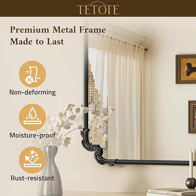 TETOTE Baroque Antique Black Rectangle Scroll Wall Mirror 40 x 30 Vintage Rounded Corner Framed Baroque French Rectangular Mirror for Mantle Fireplace Bathroom Living Room, Horizontal/Vertical