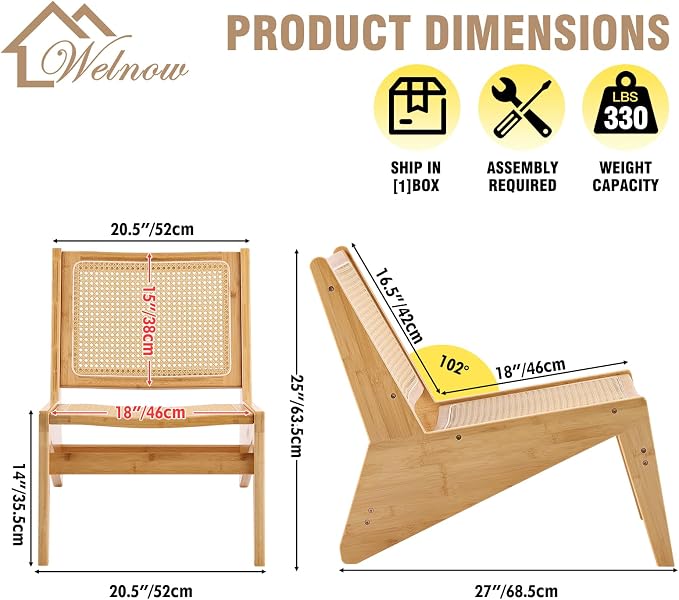Welnow 2-Pcs Mid Century Rattan Accent Chair, Bamboo Wood Lounge Chair with Woven Cane Backrest, Low Armchair for Living Room, Bedroom, Balcony or Reading Corner, Natural