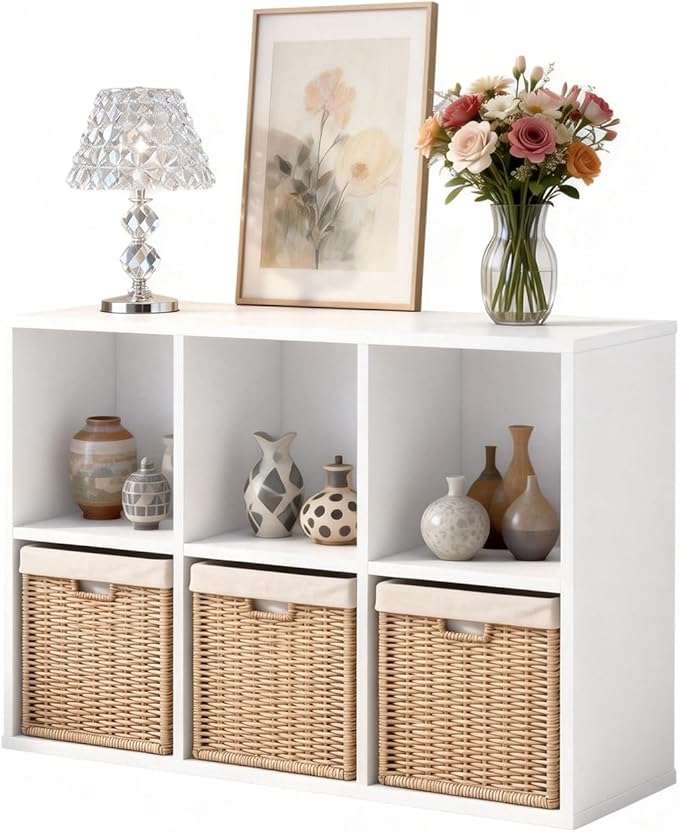 Wooden 6 Cube Storage Organizer with Closed Back Panel,White Cube Shelf Cubby Storage Organizer with Compartments for Living,Bookshelf, Easy to Install (White, 6 Cube-11in)