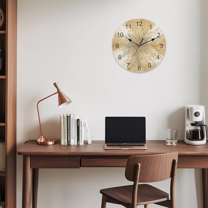 Yellow Round Wall Clocks 10 Inch Abstract Yellow Sunburst Vignette Splatter Style Industrial Silent Non-Ticking Battery Operated PVC Clock for Wall Home Decor Kitchen Living Room Bedroom Office