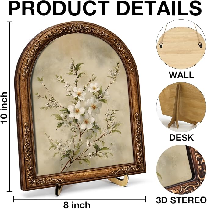 Neutral Floral Arch Wood Block Tabletop Decor, Cottagecore Shelf Accent, Botanical Minimalist Wall Art Sign for Home Decor 8x10 Inch