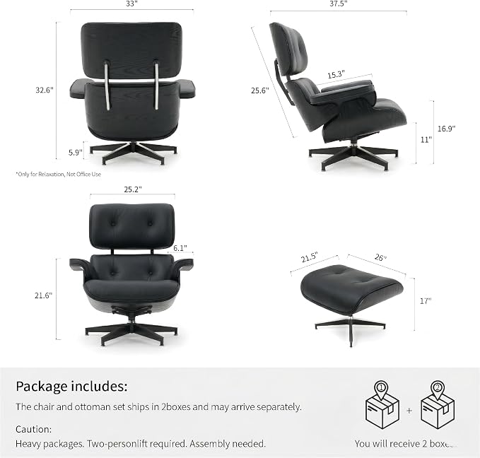 Mid Century Chaise Lounge Chair with Ottoman, Top Black Grain Leather, Modern Office Chair Classic Design, Heavy Duty Base Support for Living Room Study Lounge Office