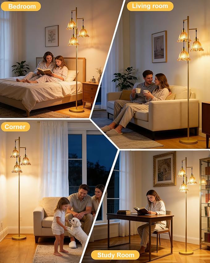 3-Light Modern Glass Floor Lamp, Gold Standing Tall Lamp with Amber Glass Shade for Reading, Dimmable LED Floor Lamp with 5Lbs Heavy Base for Living Room Bedroom Home Decor, Bulb Included