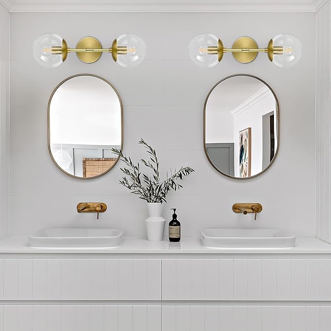 KoKo&Yukina 2 Pack Mid Century Modern Bathroom Vanity Light Brushed Gold Vanity Lighting Fixtures Modern Wall Sconce 2-Lights Globe Vanity Light with Clear Glass Shade for Bathroom(Bulb Incl)