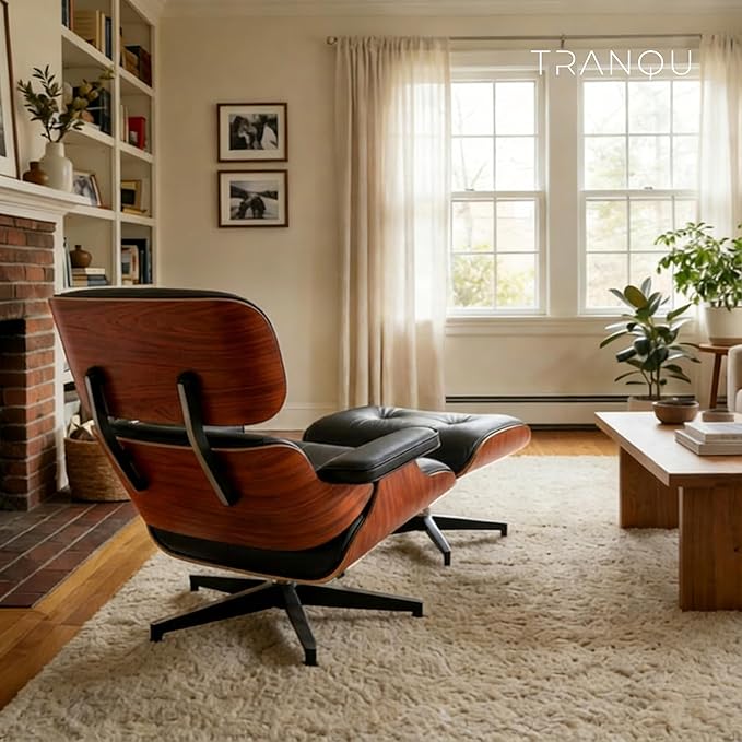 Mid-Century Genuine Top Grain Leather Chaise Lounge Chair & Ottoman, Rosewood Base, Modern Classic Design for Living Room & Office