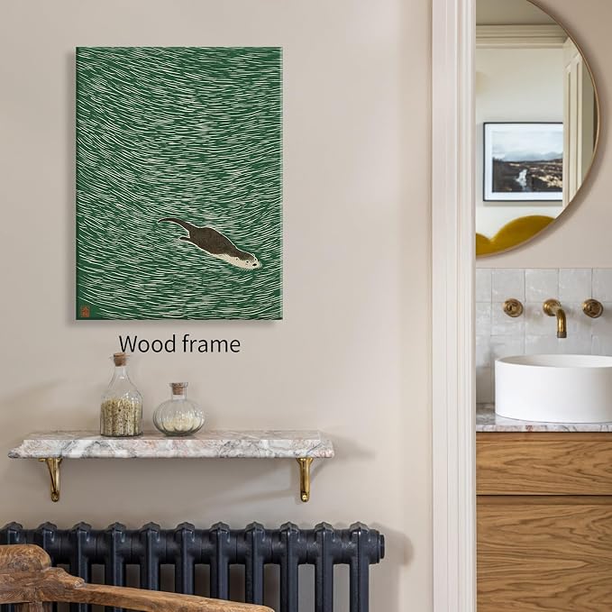Wrapped Framed Japanese Otter Swimming Poster Funny Nature Wild Animal Pictures Retro Minimal Green Water Canvas Wall Art for Living Room Bedroom Bathroom 08x10 inch