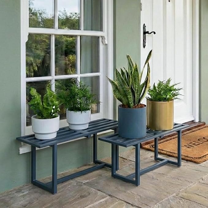 2 Pack Metal Plant Stand, Foldable Heavy Duty Indoor, Window Iron Plant Shelf - Mid Century Modern Slatted Bench for Patio, Garden, Living Room Load Bearing 330 lbs 26" L x 10.4" H x 8.6" W 1 Tier 1 Tier Grey