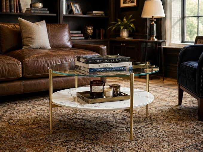 AGV LIGHTING 30" Round Glass Coffee Table,Mid-Century Modern Coffee Table for Living Room, Glod Finish Leg,2-Tier,Tempered Glass Top with White Marble MDF Shelf