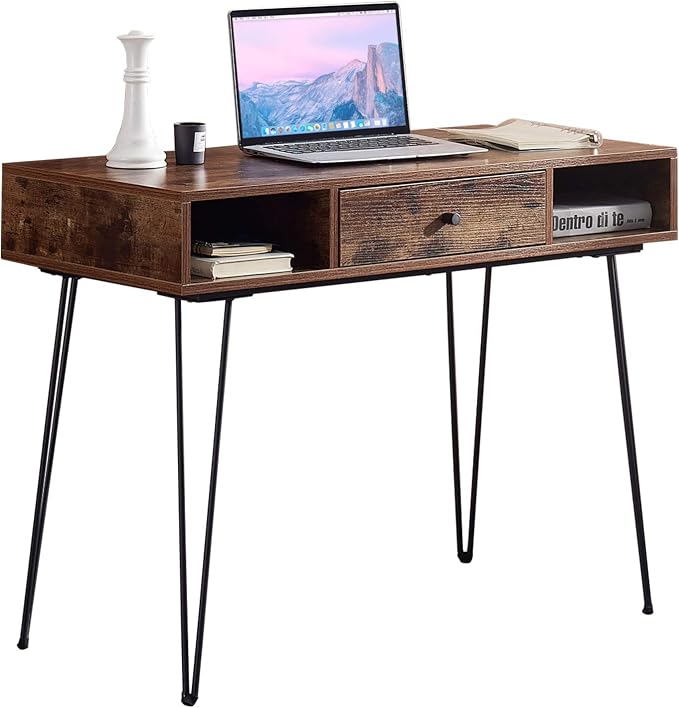 VECELO 39.3" Home Office Work Table with Drawers,Computer Desk with Hairpin Leg for Writing/Study,Retro Brown