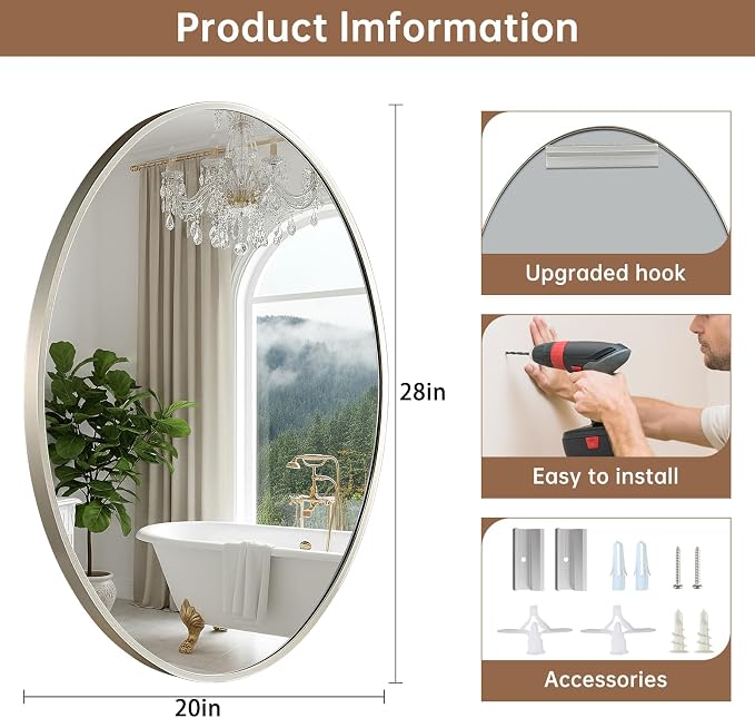 Oval Wall Mirror, 20"x28" Brushed Nickel Vanity Mirror, Bathroom Mirror of Metal Frame, Home Decorative Wall Mounted Mirror for Bathroom, Living Room, Entryway, Vanity