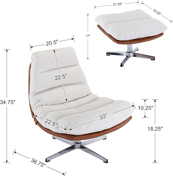 Swivel Accent Chair with Ottoman, Mid Century Modern Linen Lounge Chair with footrest, Comfy Oversized Armchair with 360 Degree Metal Base for Living Room/Bedroom, Cream