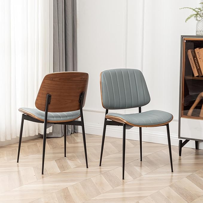 LUNLING Dining Chairs Set of 2,Mid Century Modern Retro Faux Leather Chair with Walnut Bentwood Upholstered Seat Metal Legs Adjustable Foot for Kitchen Dining Room Chairs(Blue)