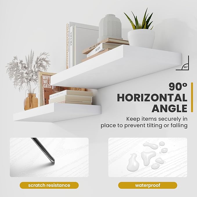 72 Inch Floating Shelves, 9.3" Deep Floating Shelf Wall Mounted, 72" Wall Shelves, Rustic Deep Bookshelf, Large Display Shelves & Storage Shelves for Bedroom, Living Room, White, Set of 1