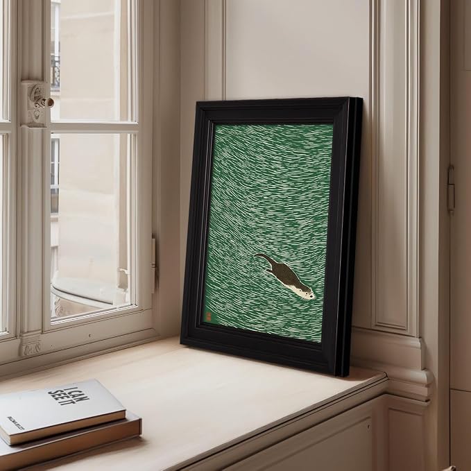 Vintage Framed Japanese Otter Swimming Poster Funny Nature Wild Animal Pictures Retro Minimal Green Water Canvas Wall Art for Living Room Bedroom Bathroom 16x20 inch