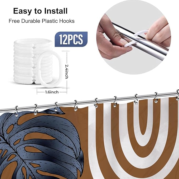 Yookeb Abstract Navy Blue Brown Bathroom Shower Curtain 60W by 71H Inch Modern Minimalist Mid Century Plant Leaves Aesthetic Neutral Vintage Contemporary 12 Plastic Hooks Waterproof Decor
