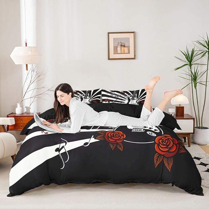 Erosebridal Guitar Comforter Cover Queen Rock Roll Vintage Room Decor Bedding Set Abstract Striped Musical Notes Duvet Cover,Rose Floral Punk Music Bed Set