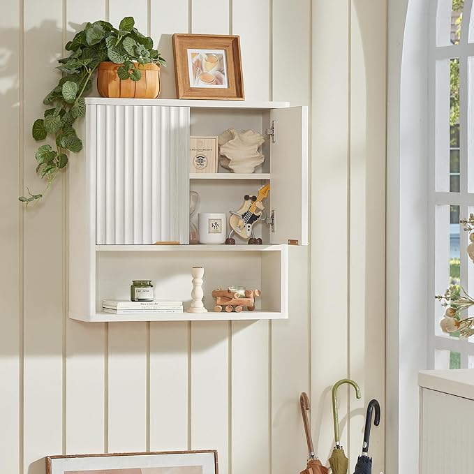 LEYAOYAO Fluted Bathroom Wall Cabinet, Wall-Mounted Medicine Cabinet with Adjustable Shelf & Doors, Farmhouse Floating Over The Toilet Storage Cabinets for Laundry Room, Kitchen, Living Room (White)