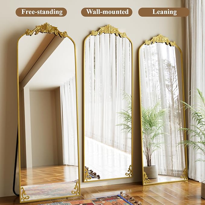 HARRITPURE Vintage Floor Mirror - 64"x 21" Large Baroque Carved Arched Full Length Mirrors with Metal Frame for Bedroom/Living Room/Entryway Retro Home Decor,Gold
