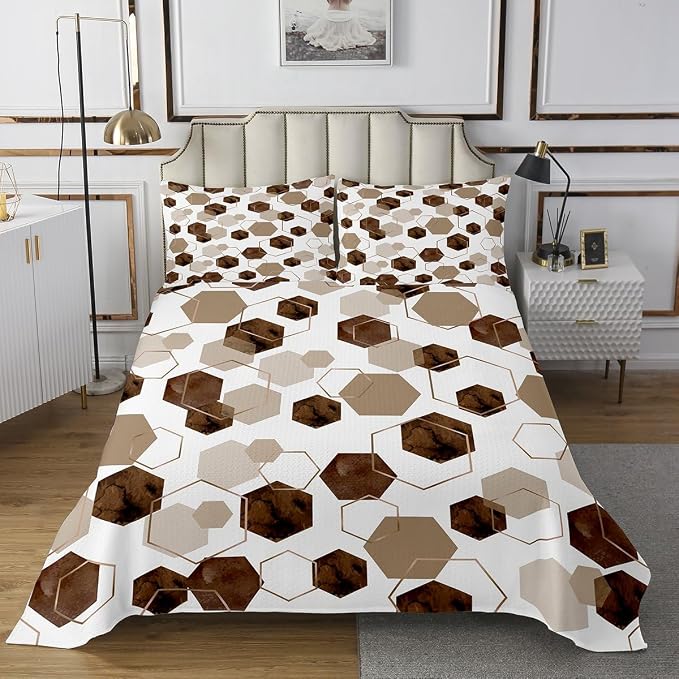 Erosebridal Brown Geometric Quilt Set | Royal Blue Modern Abstract Kids Coverlet Set Geometric Marble Art Bedspread Sets Queen | Watercolor Hexagon Print Bedding Sets for Men Women