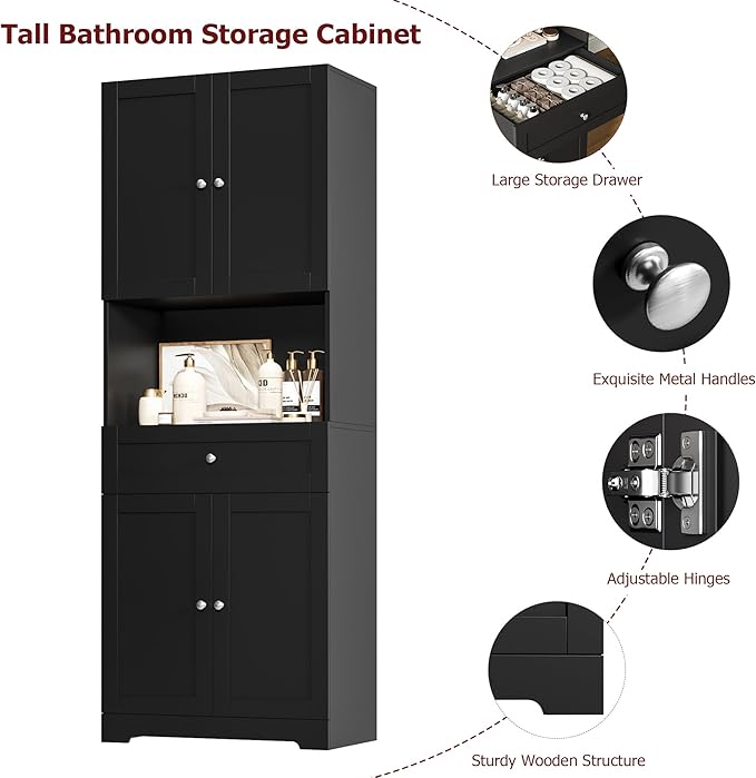HIFIT Tall Bathroom Storage Cabinets, Modern Linen Storage Cabinet with 4 Doors & Shelves & Drawer, 67" H Tall Storage Cabinet Freestanding for Bathroom, Living Room, Kitchen & Dining, Pantry, Black | Modern, 4 Doors, Shelves, Drawer, Tall Storage Cabi...
