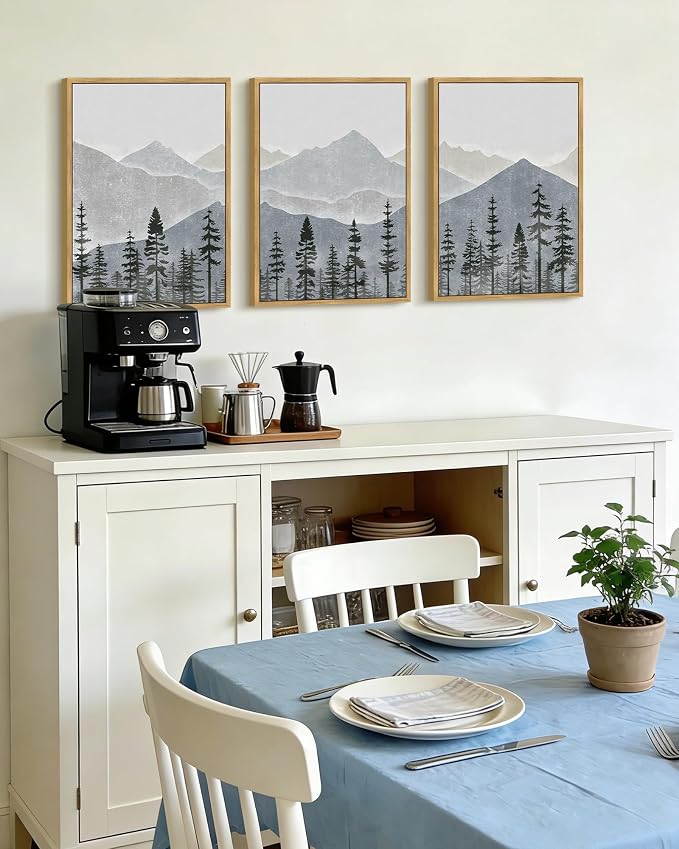 KUVIOKE Mountain Landscape Framed Wall Art Watercolor Nature Forest Painting Boho Farmhouse Rustic Room Decor for Bedroom Dining Room 12x16in (Natural Framed)