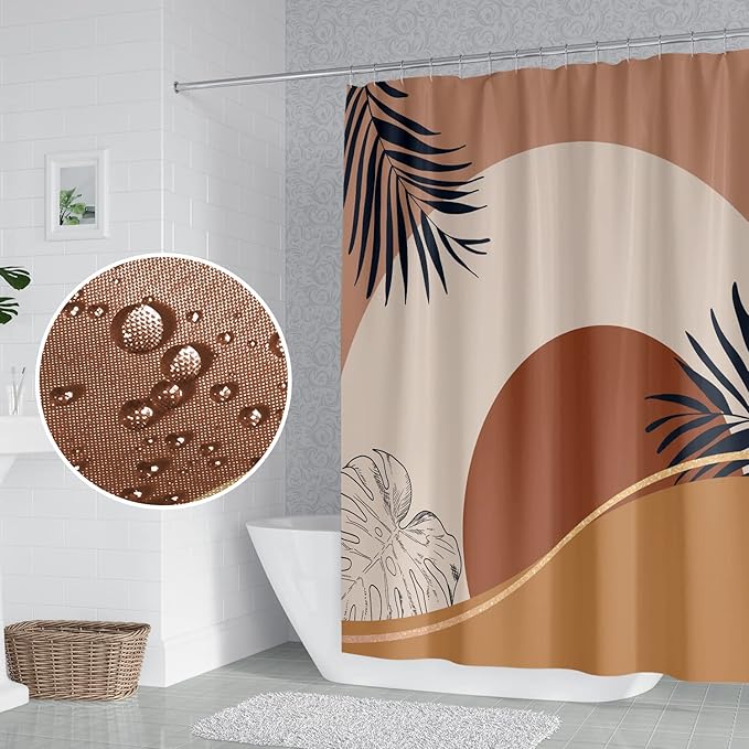Abstract Mid Century Boho Bathroom Shower Curtain - Orange Sun Eucalyptus Leaves Shower Curtain with Hooks - Waterproof Polyester Fabric - 48x72 Inch