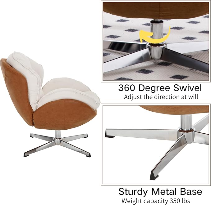 Swivel Accent Chair, Chenille Upholstered Modern Living Room Chair with Backrest 360 Degree Metal Base Armless Reading Chair for Bedroom, Beige