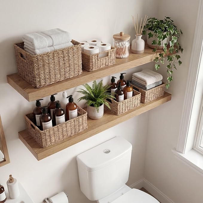 INHABIT UNION Oak Floating Shelves Set of 2，35in Wall Mounted Display Ledge Shelves for Bedroom, Bathroom, Living Room and Kitchen Decoration Storage