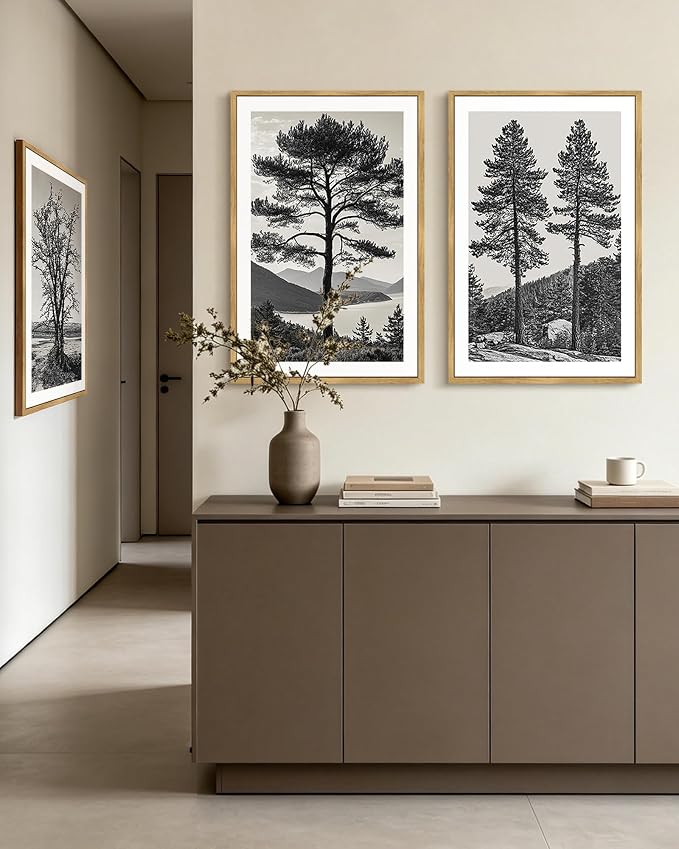 KUVIOKE Vintage Tree Framed Canvas Wall Art Black and White Retro Antique Forest Drawings Nature Wilderness Sketch Wall Painting Modern Decor 16x24in (Natural Framed)